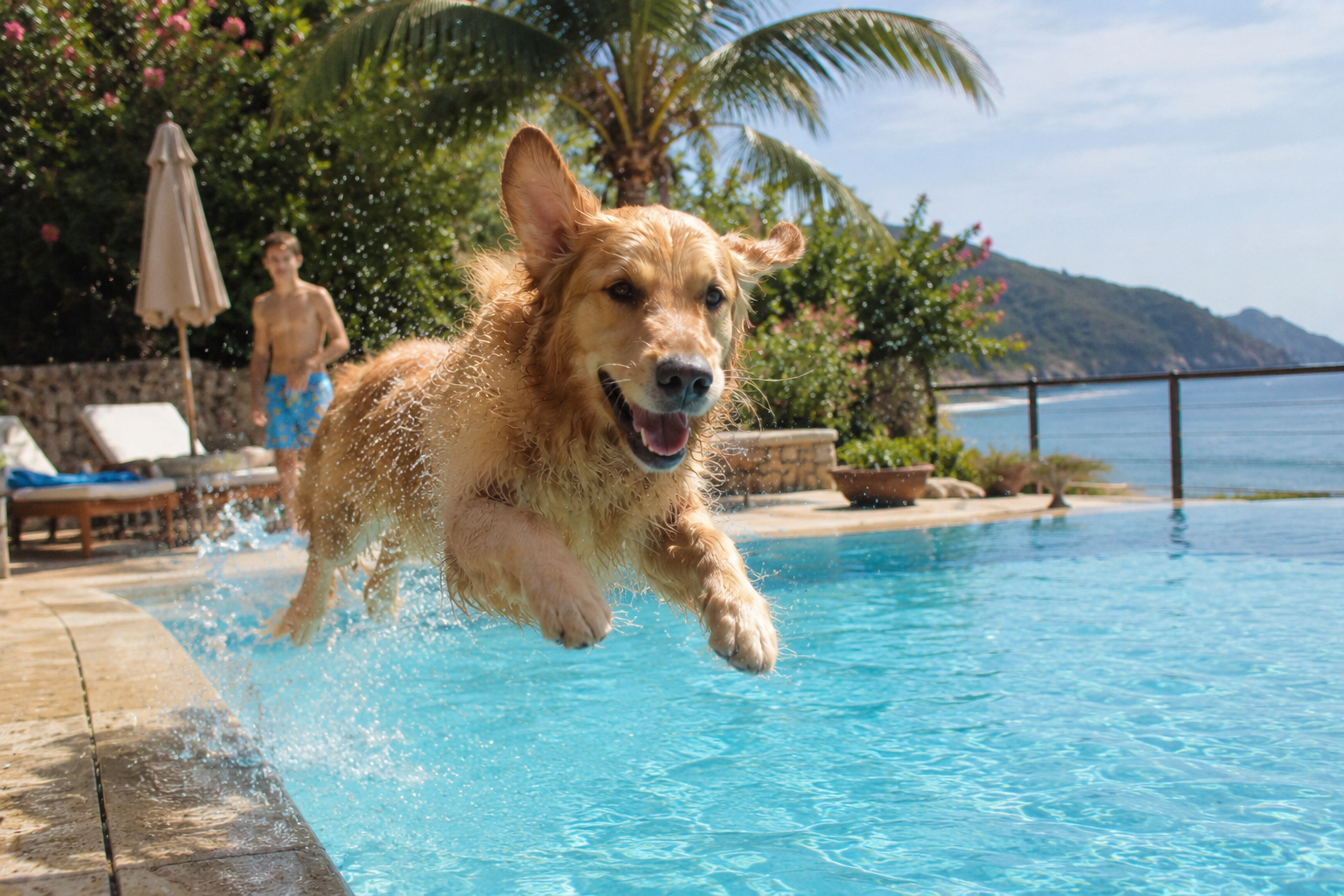 Postkarten-Motiv: Hund springt in den Pool
