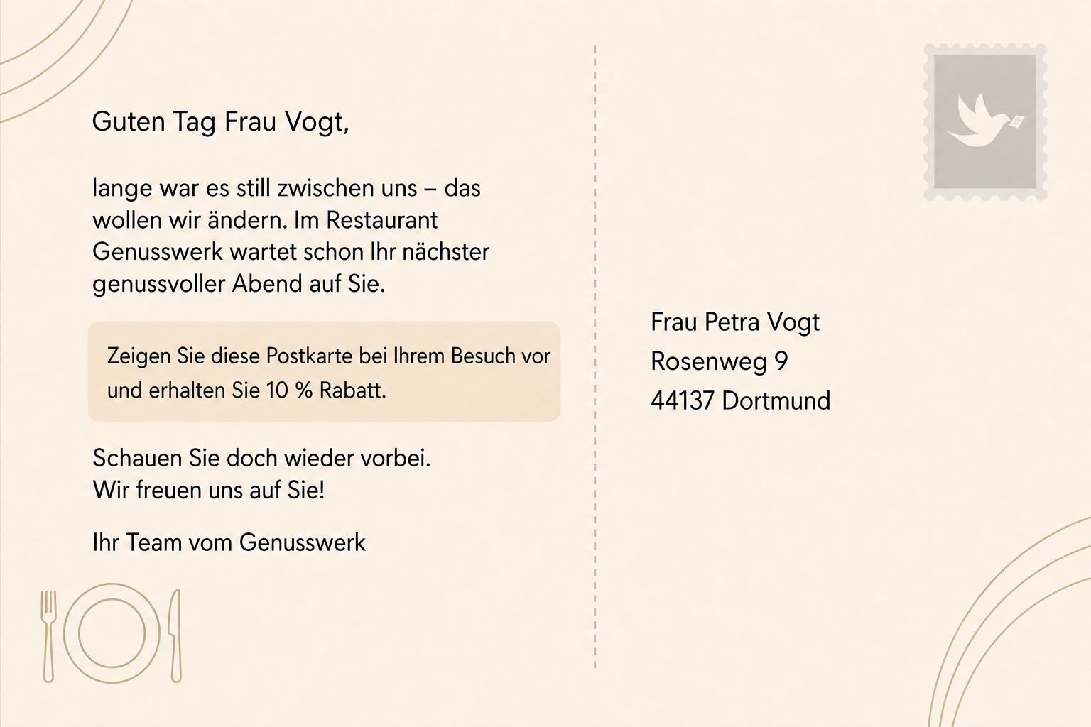 Postkarten-Rückseite Bestandskunden-Reaktivierung