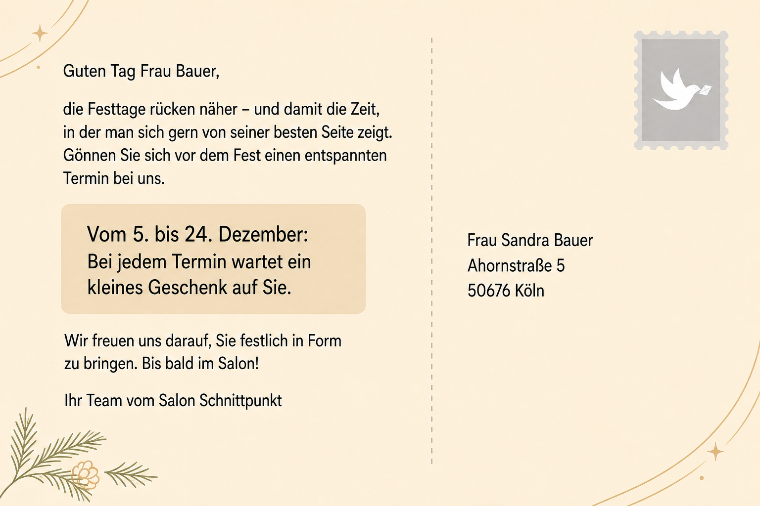 Postkarten-Rückseite Weihnachtsmailing